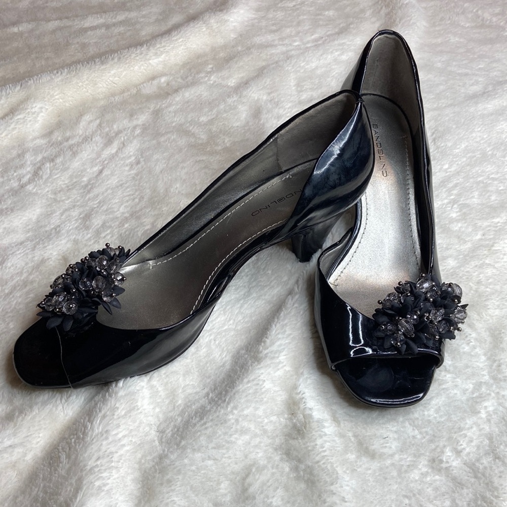 Black Patent Peep-Toe Heels with Floral Accent